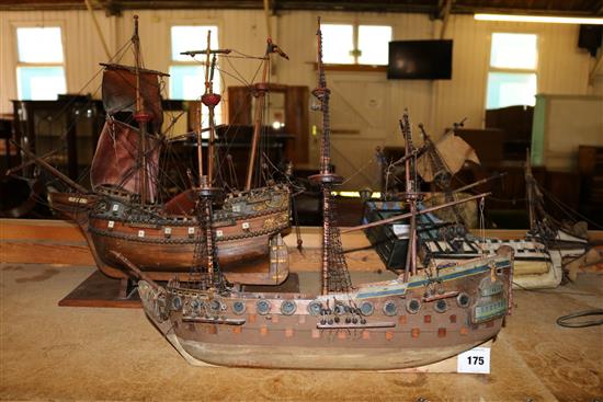 Three, 3 masted model galleons